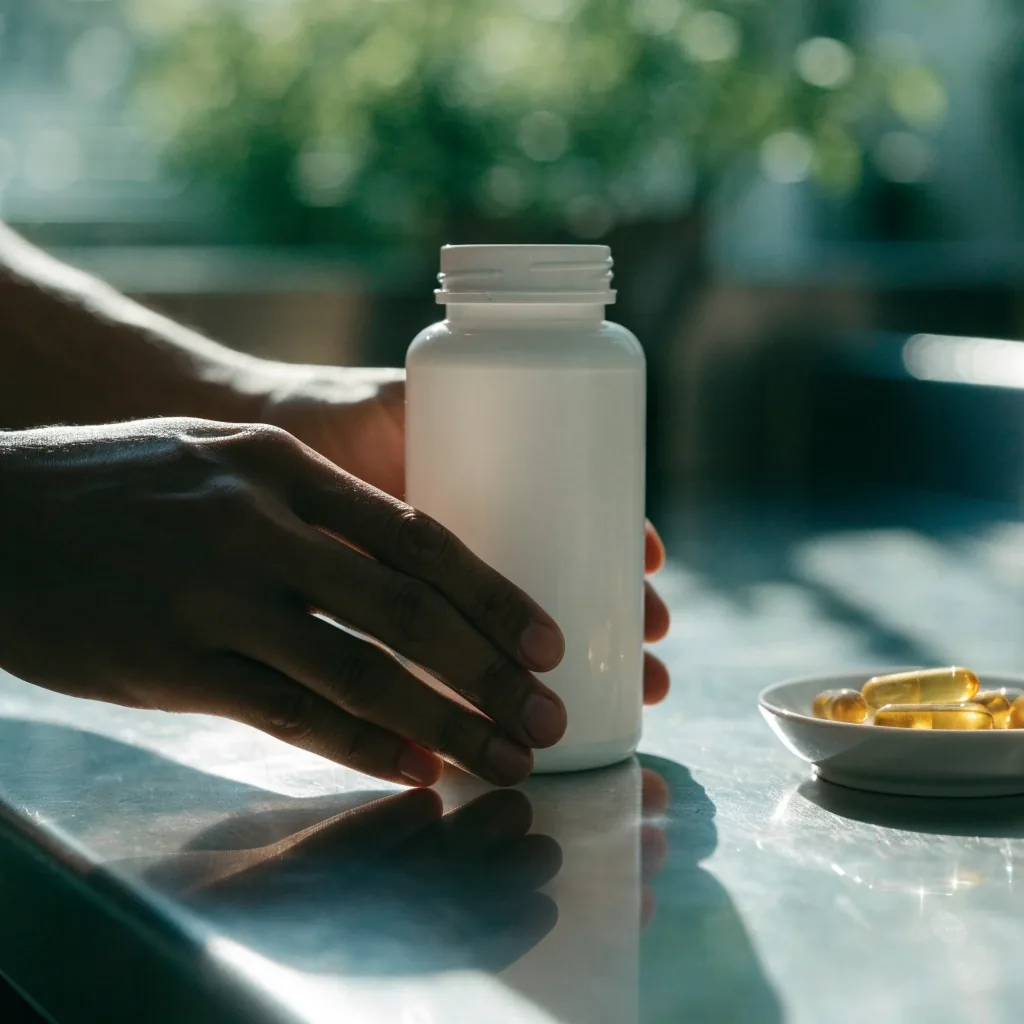 Hands placing an unlabelled white bottle on a stainless bench beside a dish of amber capsules in morning light
