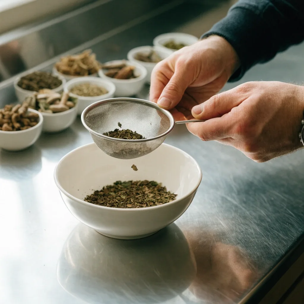 Mixed dried botanical pieces in white dishes and a sieve arranged in rows on a stainless bench