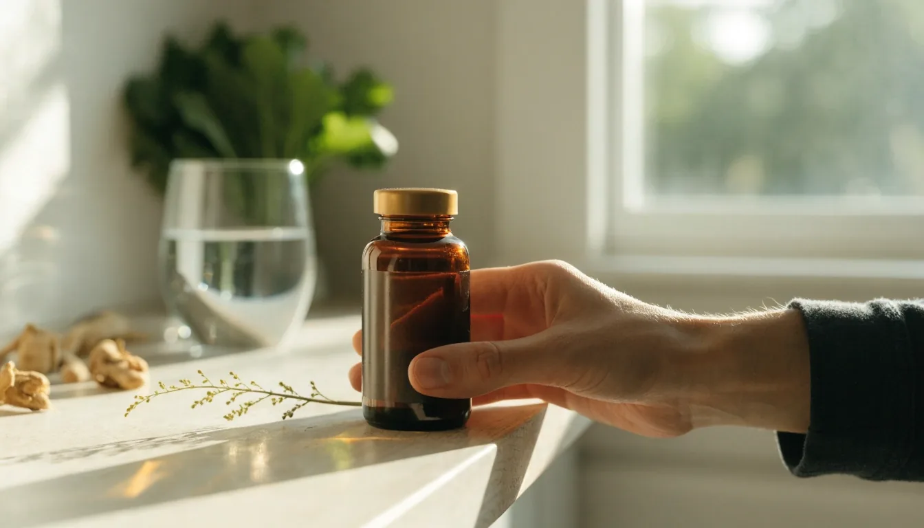 An unlabelled matte supplement bottle on a steel tray under raking morning light