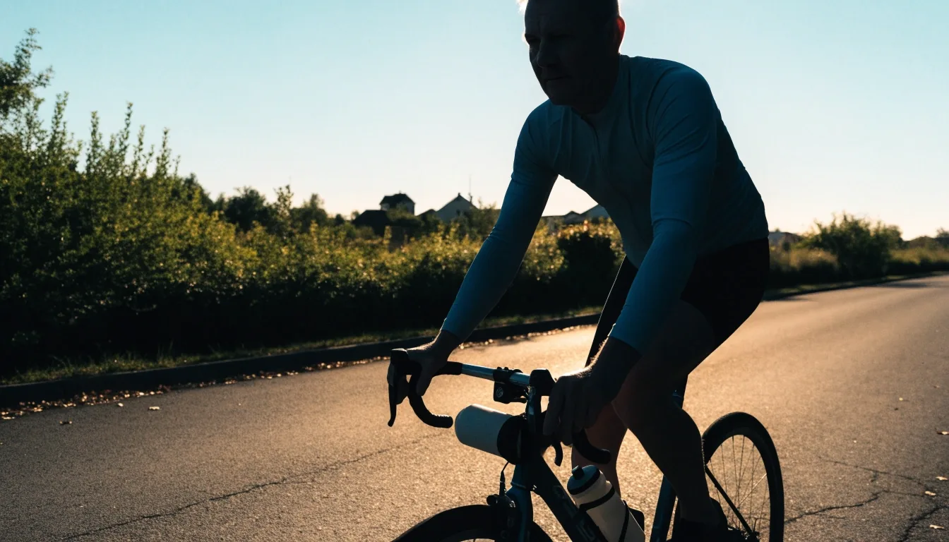 A man cycling a quiet suburban road in early morning light