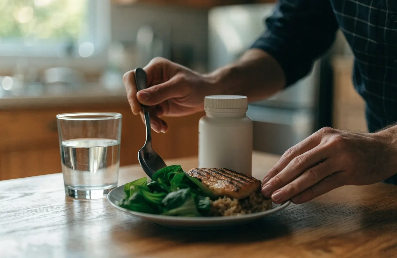 A home kitchen counter with a plate of vegetables, rice, and fish beside a glass of water and an unlabelled bottle