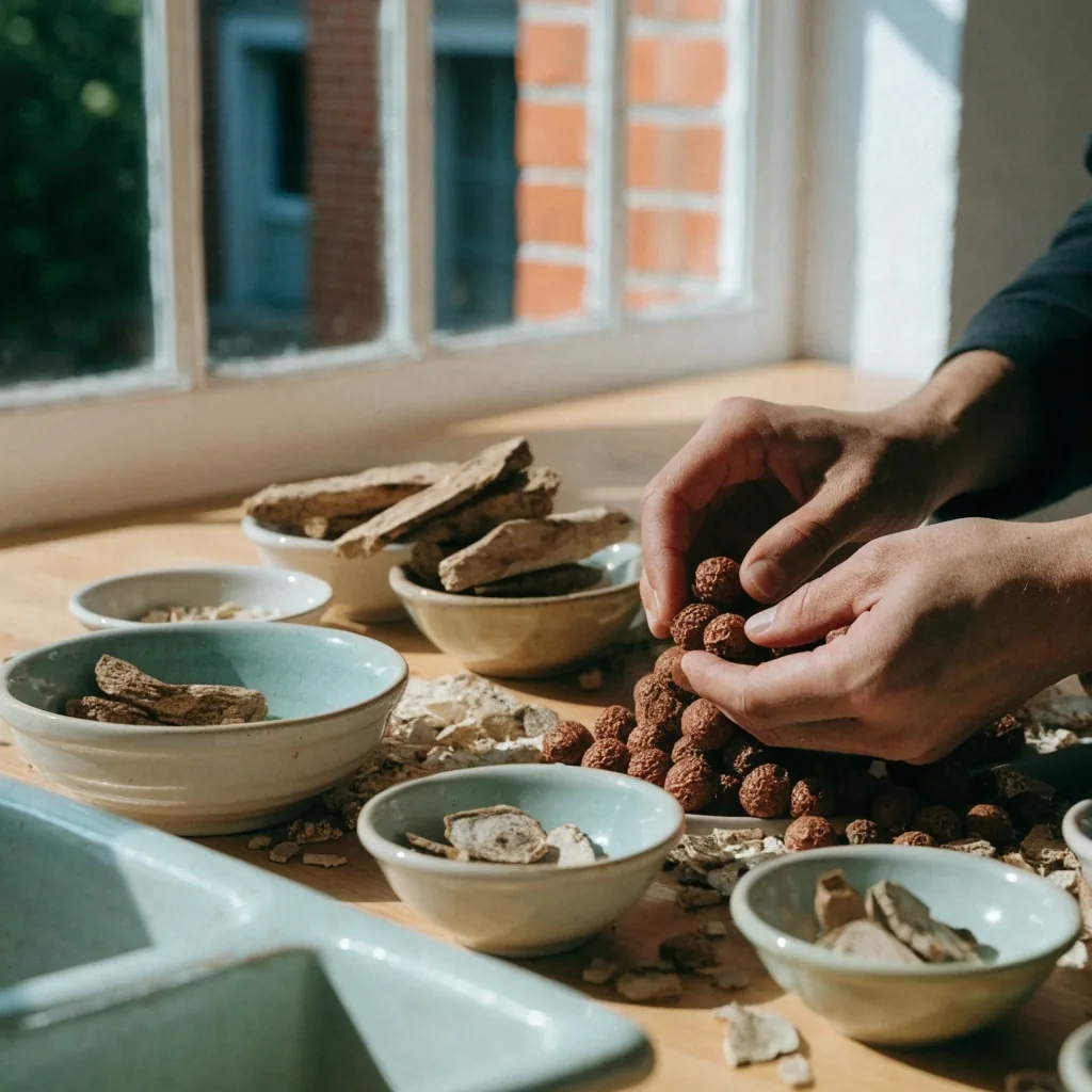 Dried maca root chunks and botanical fragments on a white dish at the edge of a stainless lab bench in raking morning light