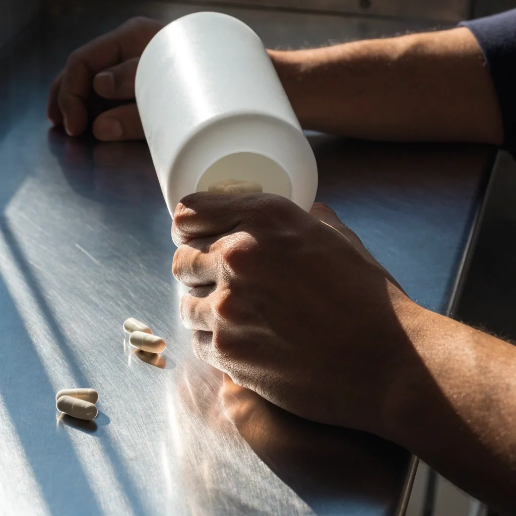 A man's hands tipping a plain white bottle over a stainless bench as capsules spill across the surface