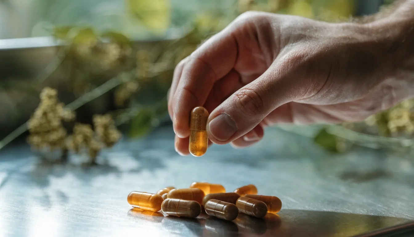 Amber capsules arranged on a white ceramic plate at the edge of a stainless bench in raking morning light