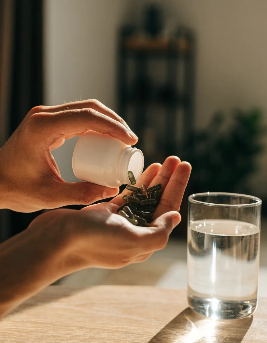 Hands opening a plain white bottle over a stainless bench with a few capsules resting nearby